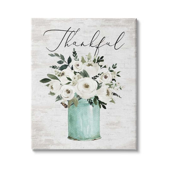 Stupell Industries Thankful Phrase White Ranunculus Floral Bouquet Milk Tin Canvas Wall Art